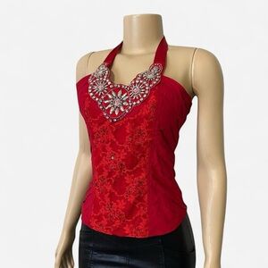 Elegant Red Embellished Halter Top